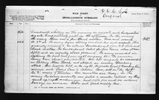 War diary for the Princess Patricia's Canadian Light Infantry for June 2, 1916