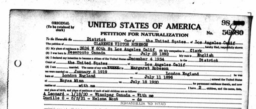 Clarence Victor Robeson application for naturalization