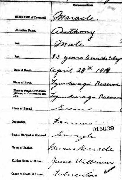Anthony Maracle death register entry