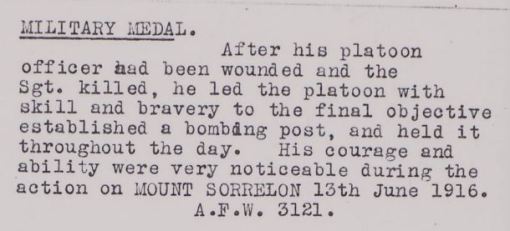 George Fraser Kerr Military Medal citation