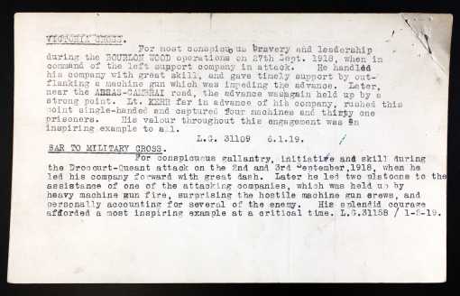 George Fraser Kerr VC and MC-bar citation