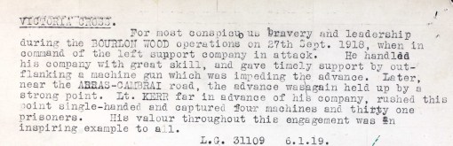 George Fraser Kerr VC citation