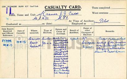 J. J. Kramer RFC Casualty Card