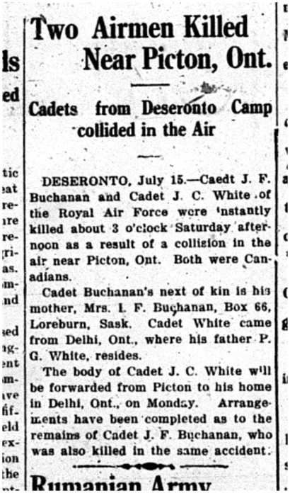 Intelligencer newspaper report of Buchanan and White's crash near Picton