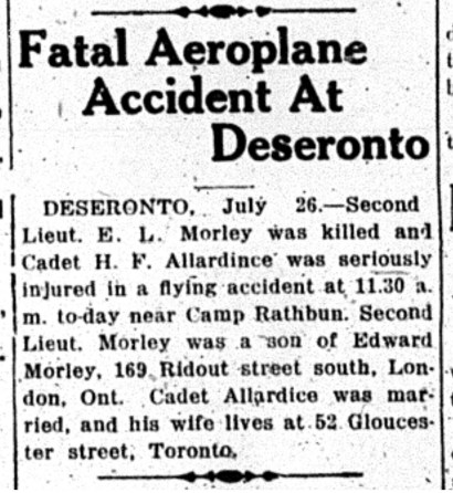 Belleville Intelligencer report of Jul 27 1918 on Morley and Allardice's accident