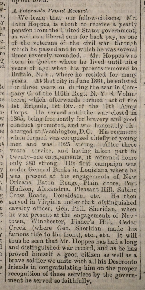 Deseronto Tribune article about John Hoppes