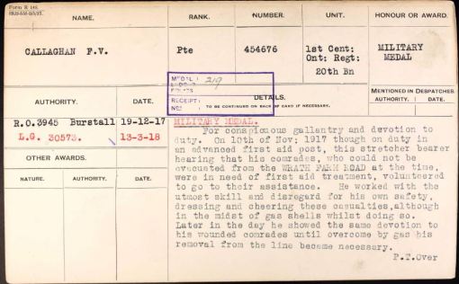 Citation card for Francis Vincent Callaghan's Military Medal, courtesy of Library and Archives Canada