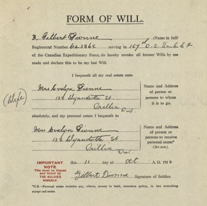 Gilbert Dionne's will, from his service record at Library and Archives Canada