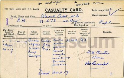 Wilfred C. Alcock RFC casualty card
