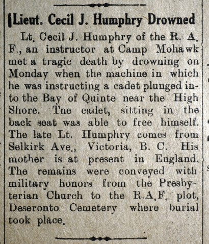 1918 Jul 18 Deseronto Post report of Lieut Humphrey's death